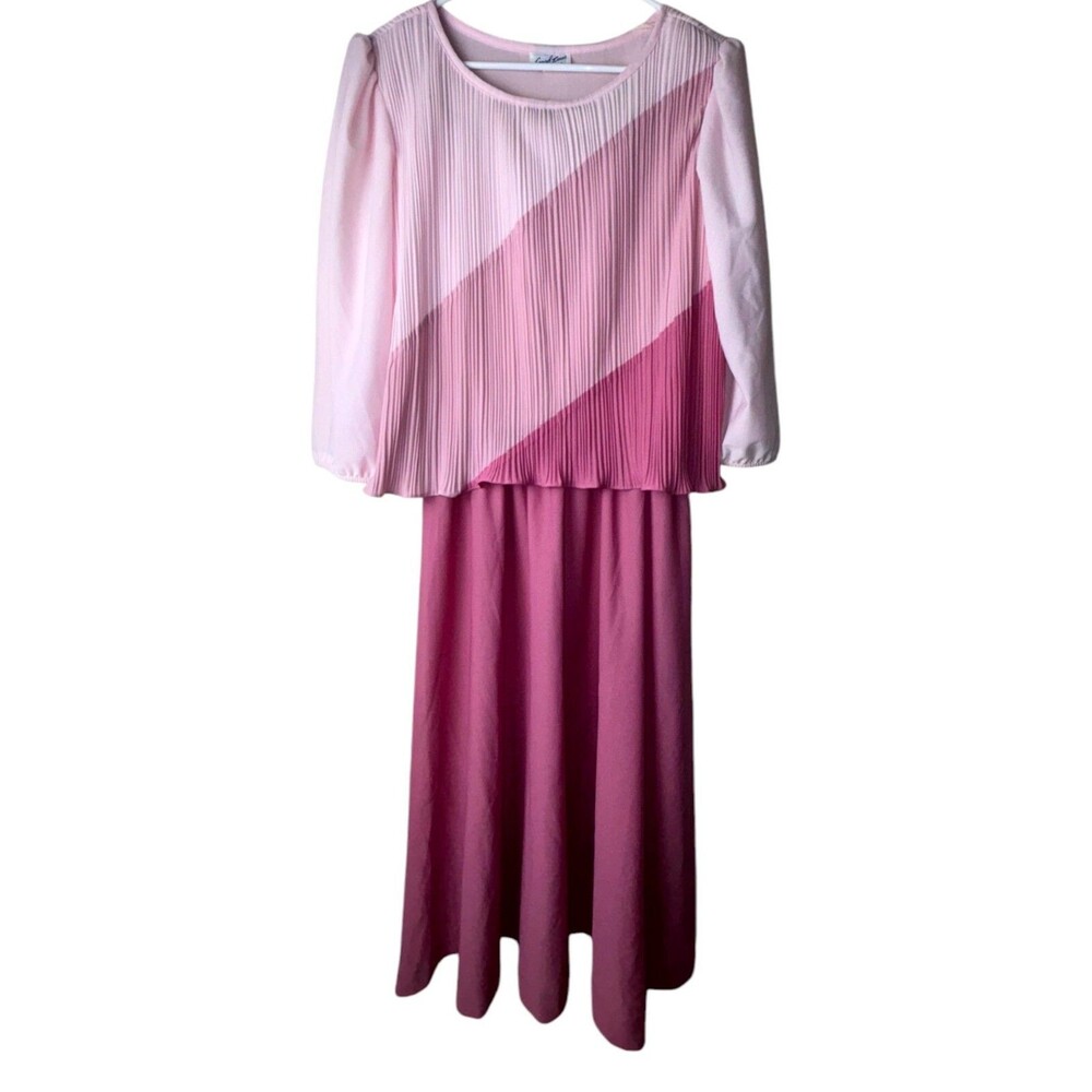 Vintage Good Times Pink Colorblock Midi Dress Long Sleeve Pleated Size 15/16
